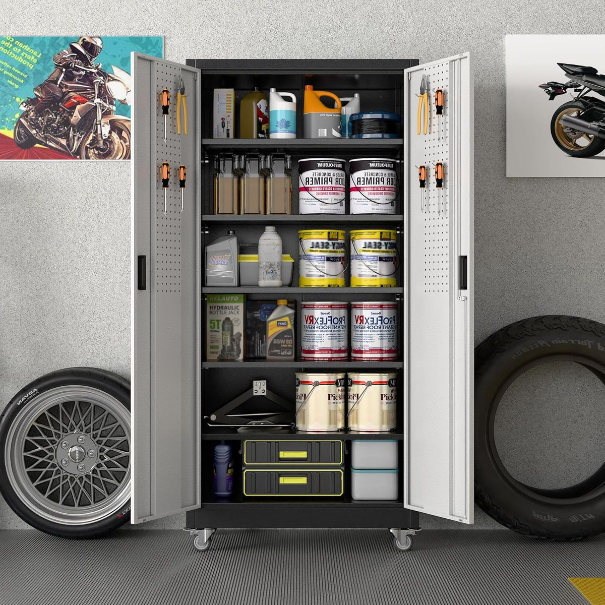 Aobabo 71" H×32" W×16" D Metal Storage Cabinet with Wheels, Garage Steel Storage Cabinet with 5 Adjustable Shelves and 4 Hooks for Home Office,Kitchen, Black Silver,Assembly Required
