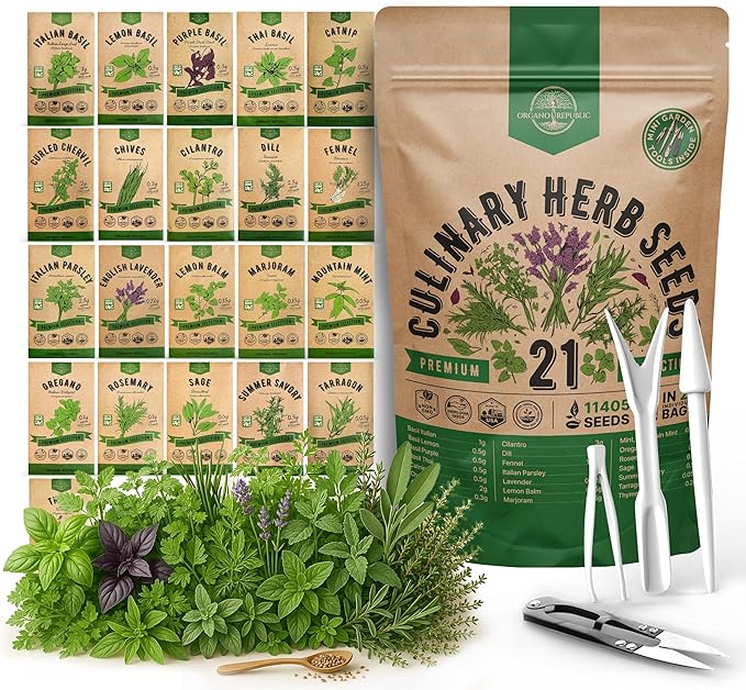 21 Culinary Herb Seeds Variety Pack - Heirloom, Non-GMO, Herb Seeds for Planting Outdoor and Indoor - Home Gardening. Over 11,400+ Seeds Including Rosemary, Thyme, Oregano, Mint, Basil, Parsley & More