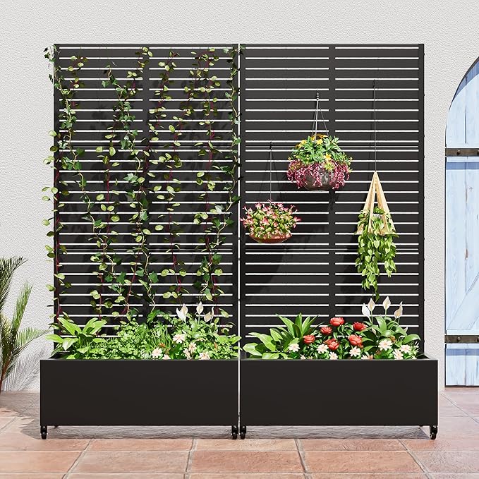 Casaphoria Metal Raised Garden Bed with Trellis and Wheels, 72"x35"x16" Planter Box for Climbing Plants, Vegetables & Vines, Features Drainage Holes and Privacy Screen (Black-Louvered)