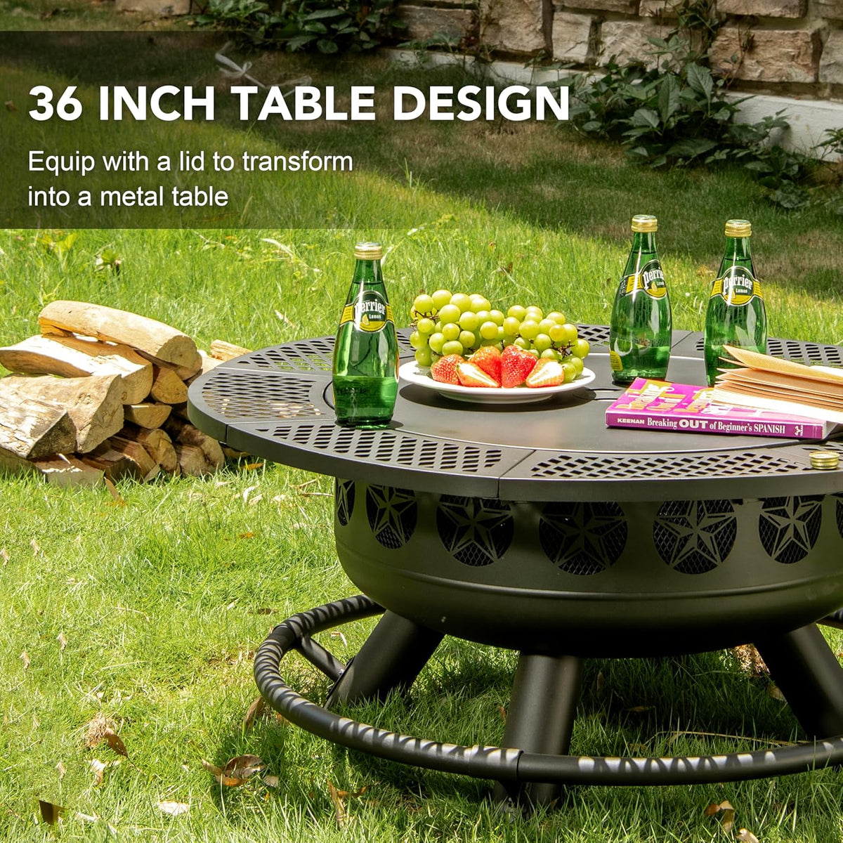 Fire Pit with Cooking Grill,Outdoor Wood Burning BBQ Firepit with Lid, 3-in-1 Outdoor Fire Pit for Backyard Deck Bonfire Patio Picnic