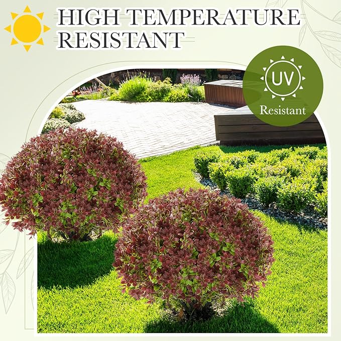 Yunlly 2 Pack 18" Artificial Boxwood Ball Bush Topiary Trees Fake Outdoor Plants, Realistic UV Resistance Faux Shrubs with Spike Greenery Topiary for Front Porch Garden Yard Patio Indoor (Dark Red)