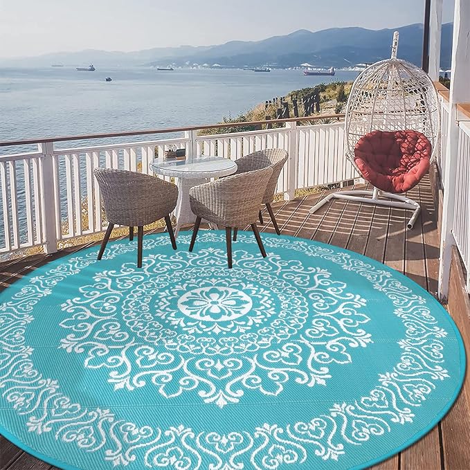 Pauwer Waterproof Outdoor Rug 8ft, Reversible Plastic Straw Patio Camping Rug, Indoor Outdoor RV Mat Carpet for Deck, Camper, Porch, Balcony, Backyard, Picnic, Floral Teal
