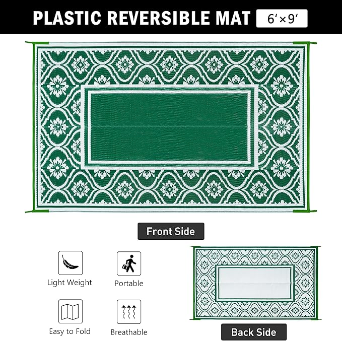 Plastic Outdoor Rug 6'x9' Waterproof Camping Carpet Outside Area Rug Reversible Green Rugs for RV Deck Entryance Porch Picnic Balcony Beach