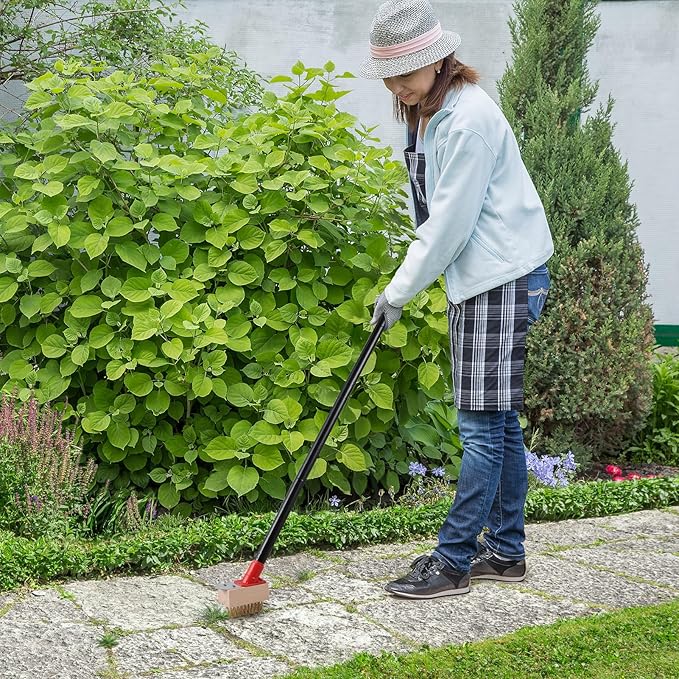 Moss Remove Brush with Long Handle(53IN), Deck Crevice Cleaning Tool, Weed Remover with Wire Brush & Metal Blade, Crack Moss Remover for Pavement Driveway Patio Sidewalk Paver(3 Brush Heads)