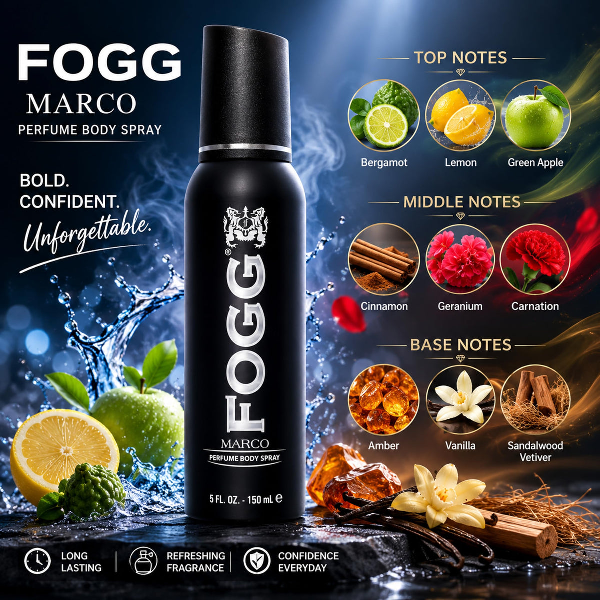 Marco by Fogg - Perfume-Based Mens Body Spray - Fresh Aromatic Fragrance Body Spray - Opens with Citrus Notes of Bergamot, Lemon, Green Apple - 5 oz