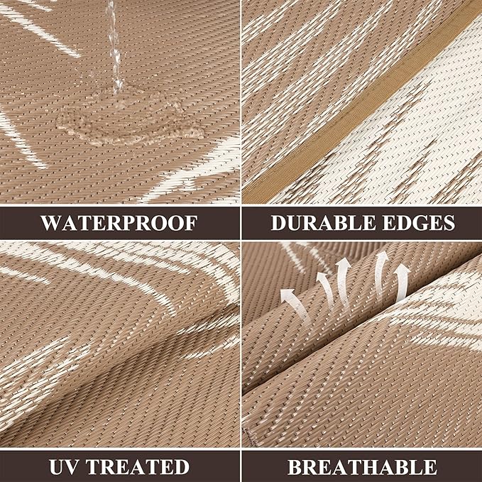 Pauwer Waterproof Outdoor Rug 9x12, Reversible Plastic Straw Patio Camping Rug, Indoor Outdoor RV Mat Carpet for Deck, Camper, Porch, Balcony, Backyard, Picnic, Leaf Brown