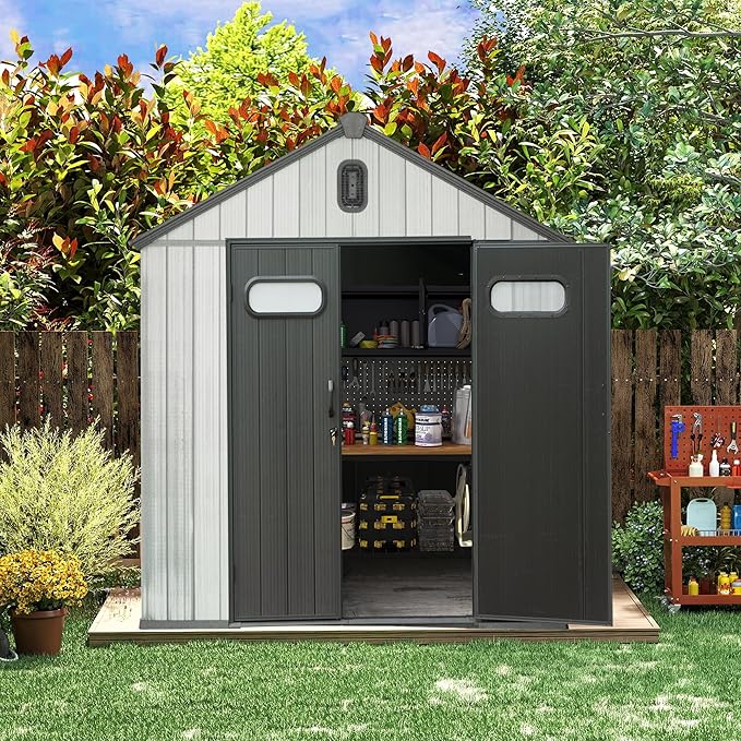 Domi 6x6 FT Outdoor Resin Storage Shed, All-Weather Double-Wall Storage Building for Backyard, Garden, Lawn Tools, Mower, Bike & Pool Equipment, Lockable Doors, Ventilated Roof, Grey