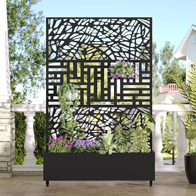 Casaphoria Metal Raised Garden Bed with Trellis and Wheels, 72"x47"x16" Planter Box for Climbing Plants, Vegetables & Vines, Features Drainage Holes and Privacy Screen, Black(Net&Helen)