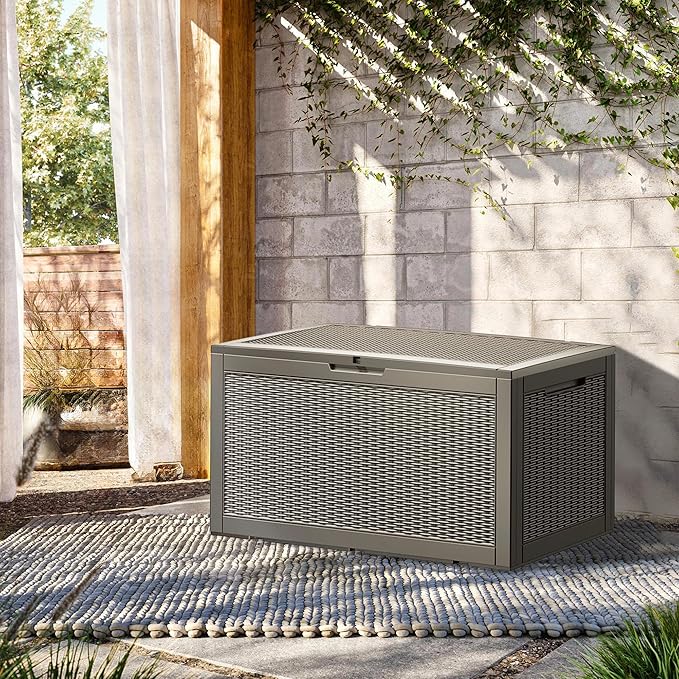 100 Gallon Lockable Resin Deck Box, Waterproof & UV-Resistant Outdoor Storage Box for Outdoor Cushion Storage, Garden Tools & Pool Accessories Storage, Gray