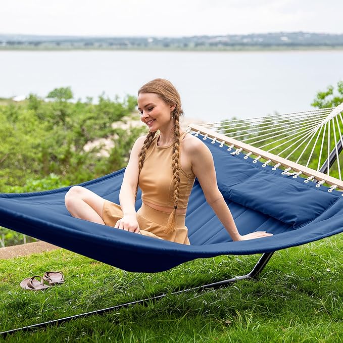 SUNCREAT 2 Person Free Standing Hammock with 15 ft Stand, 475 lbs Capacity, Backyard Hammock with Stand, Navy