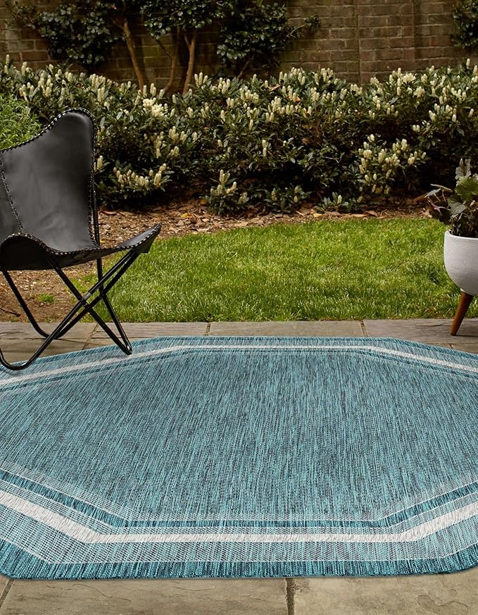 Unique Loom Outdoor Border Collection Area Rug - Soft Border (5' 1" Octagon, Teal/ Ivory)