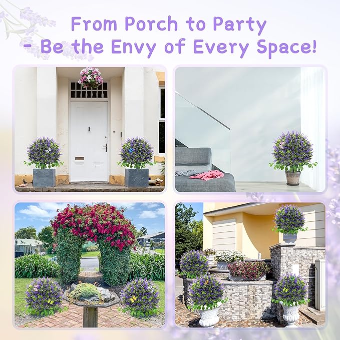 28" Artificial Boxwood Topiary Ball with Lavender, UV Resistant Topiary Tree Faux Boxwood Ball Shaped Porch Bushes with Ground Spike Artificial Bushes for Outdoors Front Door Decor Home Garden