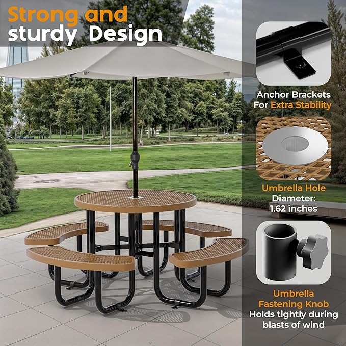 Metal Picnic Tables for Outdoors with Umbrella Hole - Coated Steel Heavy Duty Commercial Grade Table with Adjustable Seats (Brown, 38 in, Round, Expanded Steel)