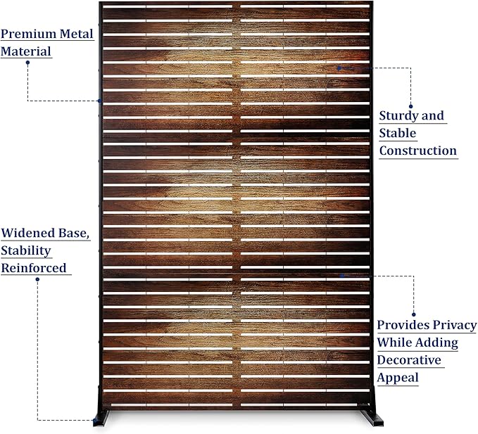 FENCY Outdoor Privacy Screen, 72" H×47" W Metal Patio Privacy Screen, Freestanding Decorative for Deck Balcony Patio Vintage Wood Color