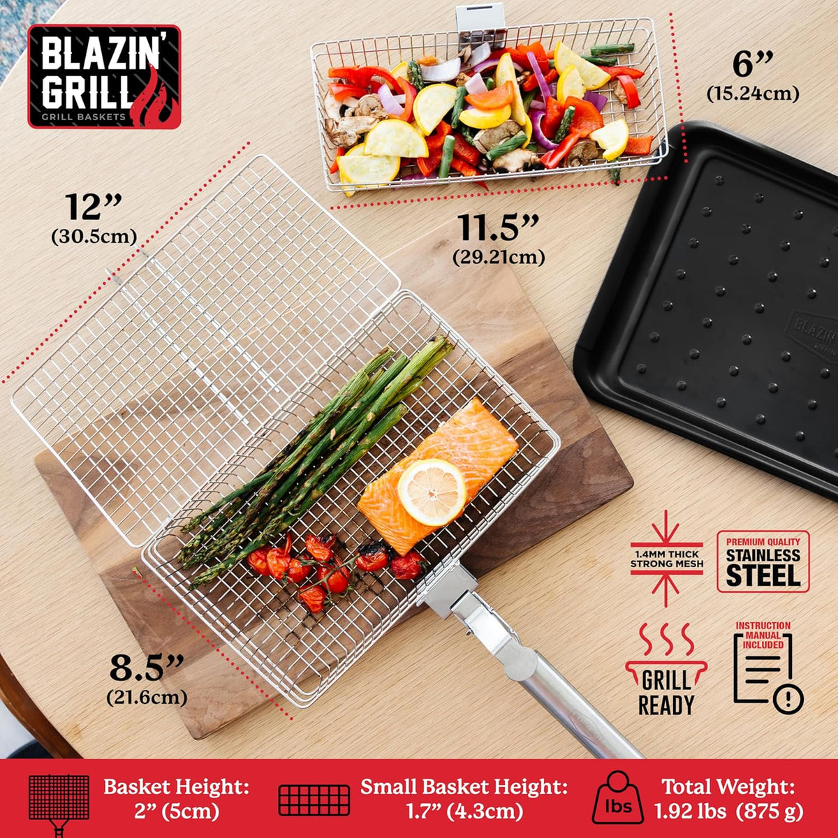 BLAZIN' GRILL Baskets for Outdoor Grill | 2 Grilling Baskets with Detachable Handle | Barbecue Grill Set with BBQ Gloves | Portable Camping Net Rack Perfect for Vegetables, Seafood & Meat