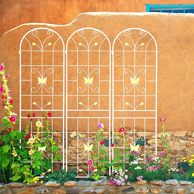 2 Pack Metal Garden Trellis 86.7" Black Fence Rustproof Garden Trellis for Climbing Plants Support Roses Flower Outdoor Lawn, Cream White