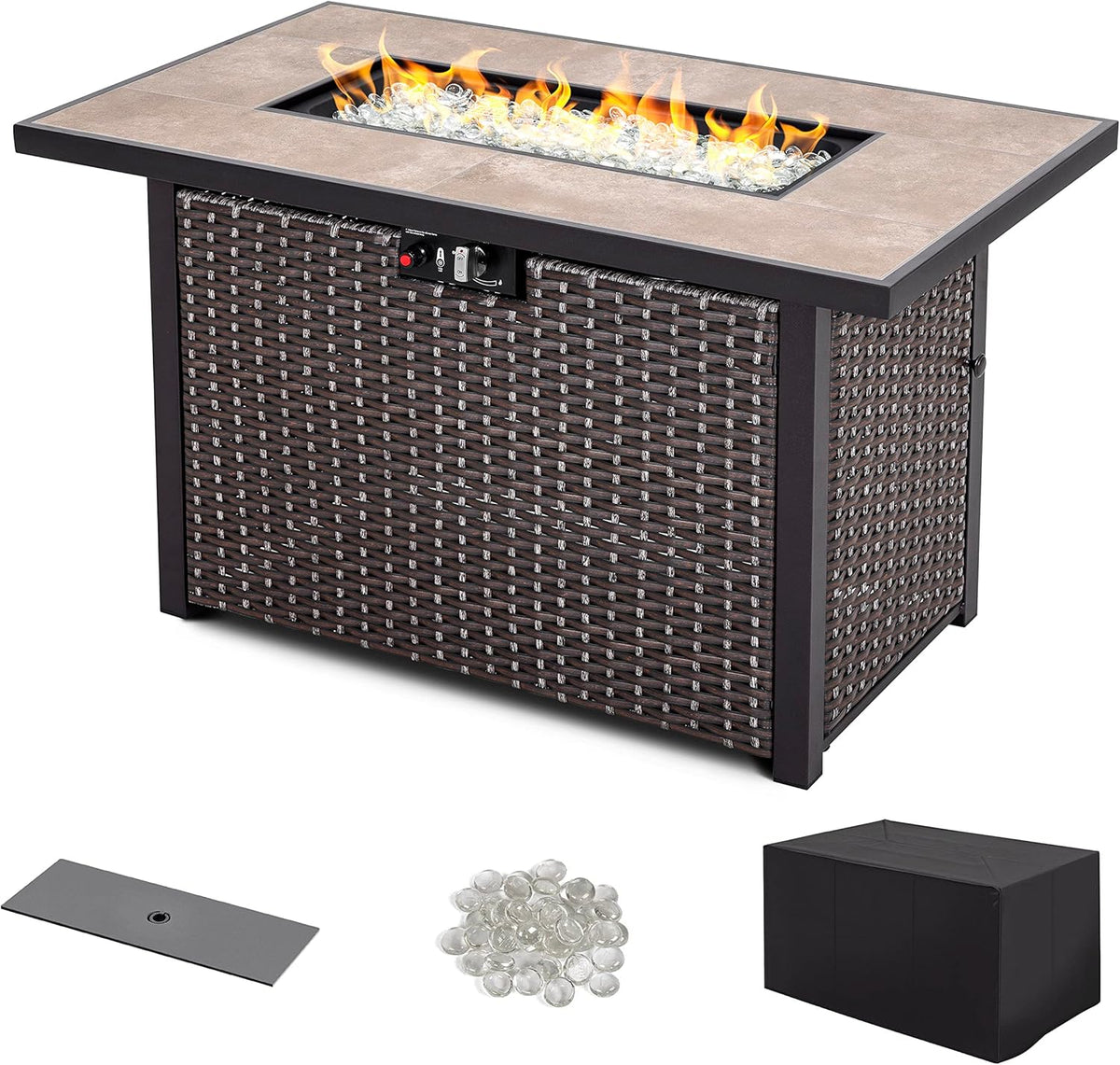 Nuu Garden Outdoor 43 Inch 50,000 BTU Propane Gas Fire Pit Table, Propnae Fire Pit with Ceramic Tabletop, Oxford Cover, Dark Brown and Coffee
