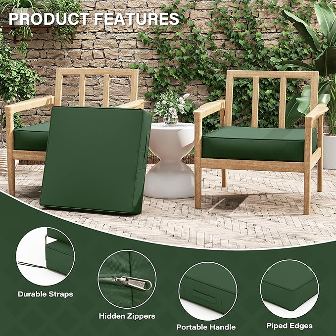 Patio Chair Cushions 24 X 24 X 5 Inch Waterproof Outdoor Seat Cushions for Patio Furniture, Outdoor Sofa Couch Pads with Ties & Handle, Set of 2, Green