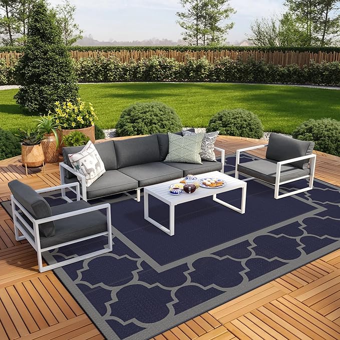GENIMO 10 ' x 14 ' Outdoor Rug Waterproof for Patio Decor, Foldable Reversible Plastic Straw Area Rugs Mat for Camper, Outside Carpet for Rv, Deck, Porch, Picnic, Beach, Balcony, Blue & Grey
