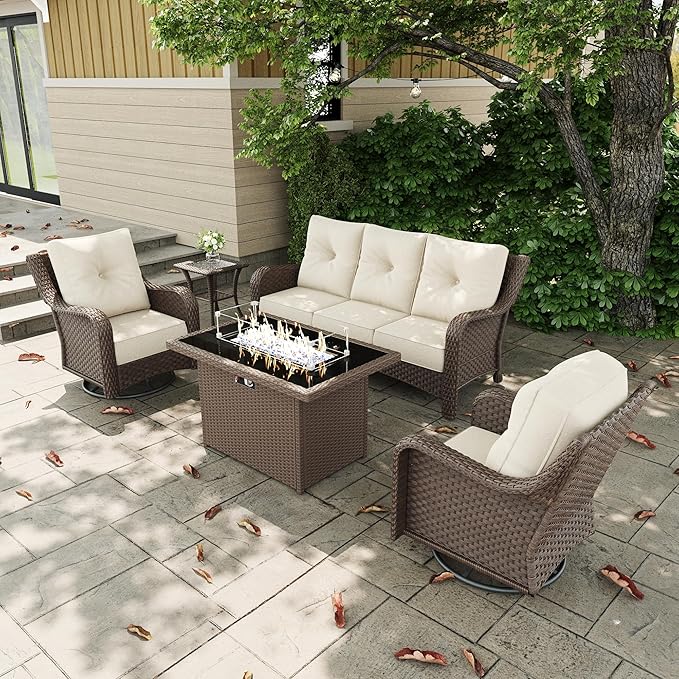 5 Pieces Outdoor Patio Furniture Sets with Rocking Swivel Chairs with 6-inch Thick Cushion and Fire Pit Table for Deck Lawn