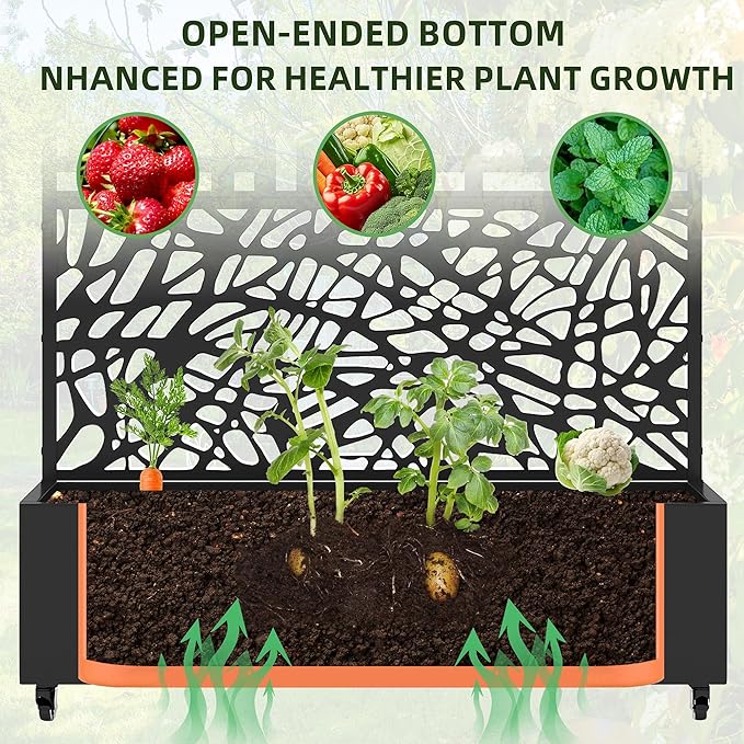 Casaphoria Metal Raised Garden Bed with Trellis and Wheels, 72"x47"x16" Planter Box for Climbing Plants, Vegetables & Vines, Features Drainage Holes and Privacy Screen, Black(Parallel&Louvered)