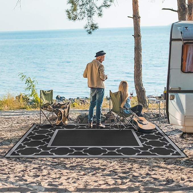 GENIMO 5' x 8' Outdoor Rug Waterproof for Patio Decor, Foldable Reversible Plastic Straw Area Rugs Mat for Camper, Outside Carpet for Rv, Deck, Porch, Picnic, Beach, Balcony, Black & Grey