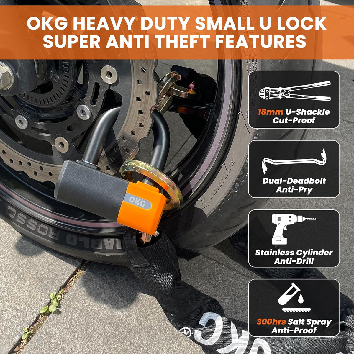 OKG Heavy Duty Small U Lock – 18mm Anti-Cut Manganese Alloy Steel U-Shackle | Dual-Deadbolt Anti Theft Motorcycle Lock for eBike/ATV/Trailer | Drill-Proof & Weatherproof (4 Keys, No Security Chain)