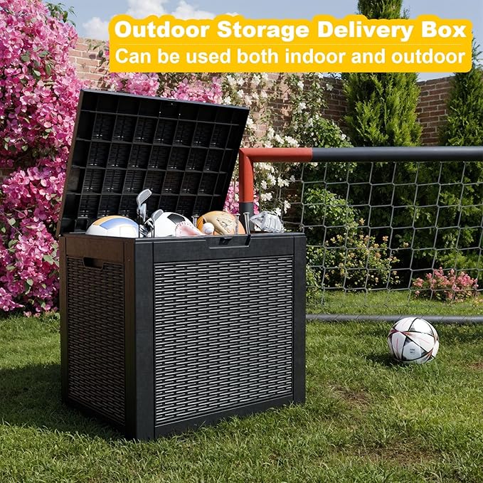 30 Gallon Wicker Pattern Resin Deck Box, Lockable Patio Outdoor Storage Box for Furniture, Garden Tools and Tools Storage, Waterproof Outside Storage Box - Black Rattan