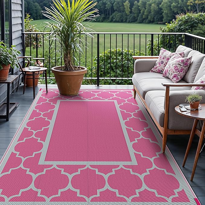 GENIMO 6' x 9' Outdoor Rug Waterproof for Patio Decor, Foldable Reversible Plastic Straw Area Rugs Mat for Camper, Outside Carpet for Rv, Deck, Porch, Picnic, Beach, Balcony, Pink & Grey