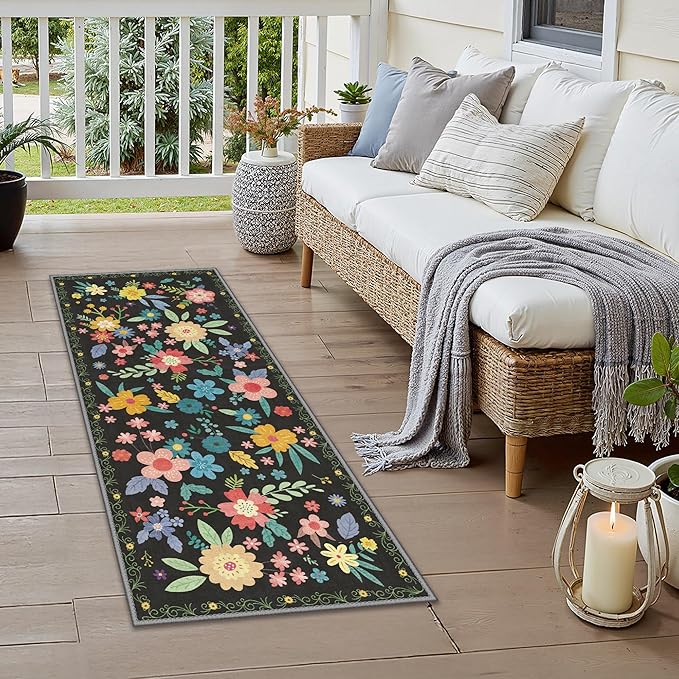 GENIMO Indoor Outdoor Area Rug 2' X 5' Waterproof, Washable Runner Rug Non Shedding, Easy Cleaning Floral Outdoor Carpet for Patio, Living Room, Bedroom, Entryway, Porch, Dining Room, Black