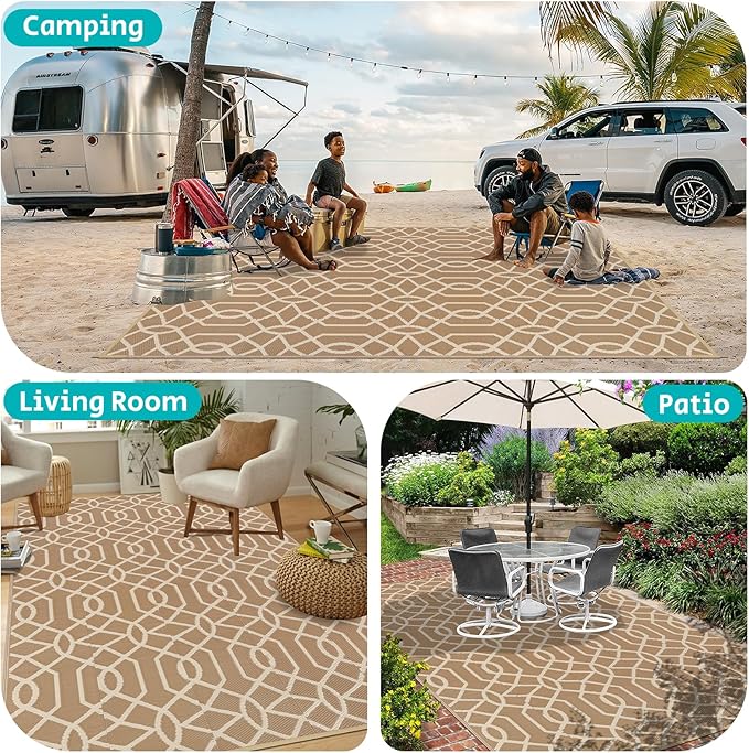HEBE Outdoor Rug Waterproof 9x12, Reversible Plastic Straw Rug RV Camping Rug, Indoor Outdoor Patio Mat Clearance, Outside Carpet for Porch,Deck,Camper,Balcony,Backyard,Picnic