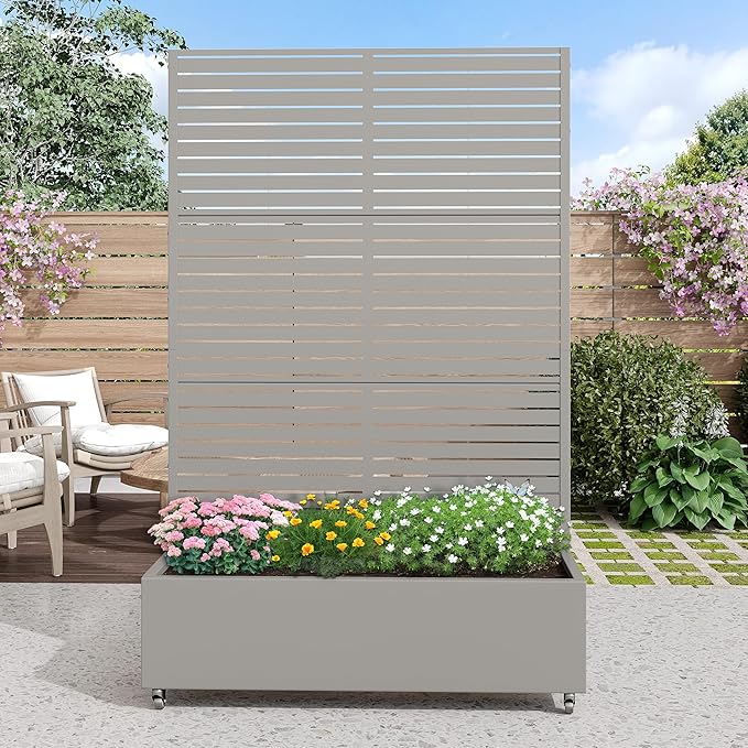 Casaphoria Metal Raised Garden Bed with Trellis and Wheels, 72"x47"x16" Planter Box for Climbing Plants, Vegetables & Vines, Features Drainage Holes and Privacy Screen (Grey-Louvered)