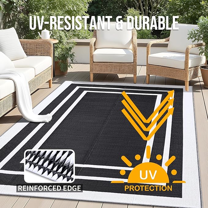 OLANLY Outdoor Rug 5x8 ft Waterproof, Reversible Outdoor Plastic Straw Rug, RV Mat, Indoor Outdoor Carpet Clearance for Patio, Camping, Balcony, Deck, Backyard, Black & White