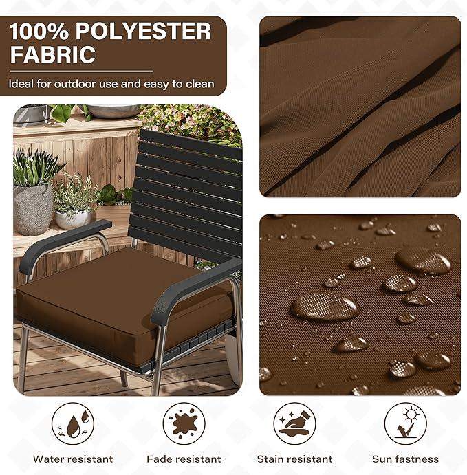 Patio Chair Cushions 22 X 22 X 4 Inch Waterproof Outdoor Seat Cushions for Patio Furniture, Outdoor Sofa Couch Pads with Ties & Handle, Set of 2, Chocolate