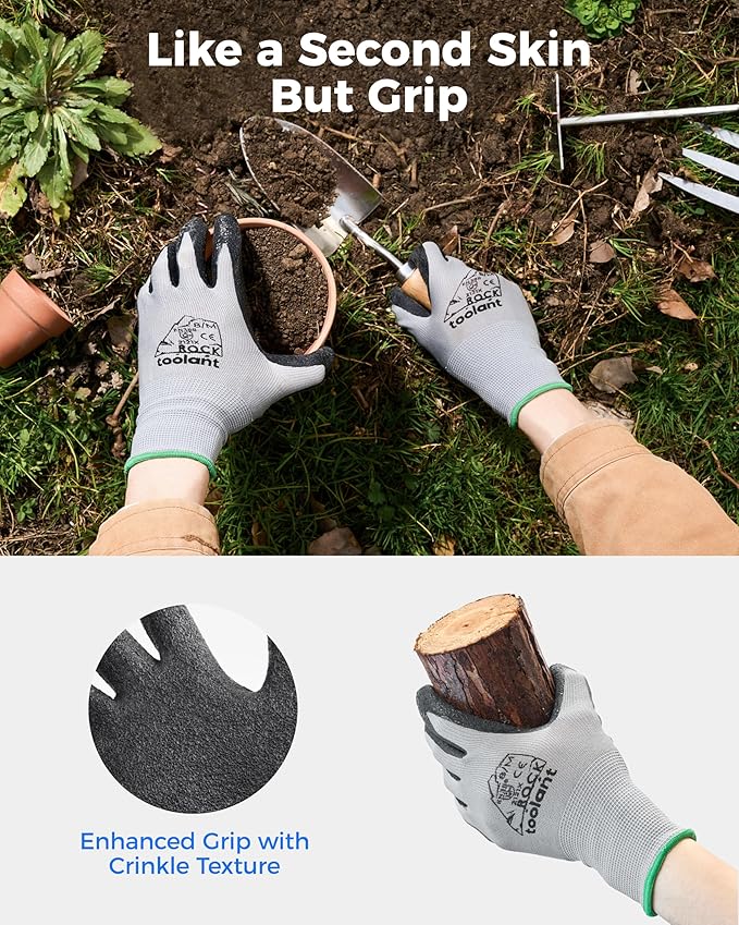 toolant Crinkle Latex Work Gloves Bulk, Rubber Coated Safety Work Gloves for Men and Women, 12 Pairs for Construction, Gardening, Warehouse (Black, XL)