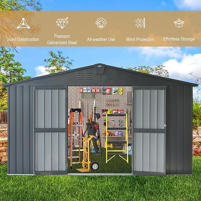 Domi Outdoor Storage Shed 11’ x 9’, Metal Sheds with Galvanized Steel Frame & Windows & Lockable Door, Garden Shed Tool Storage Room for Patio, Grey