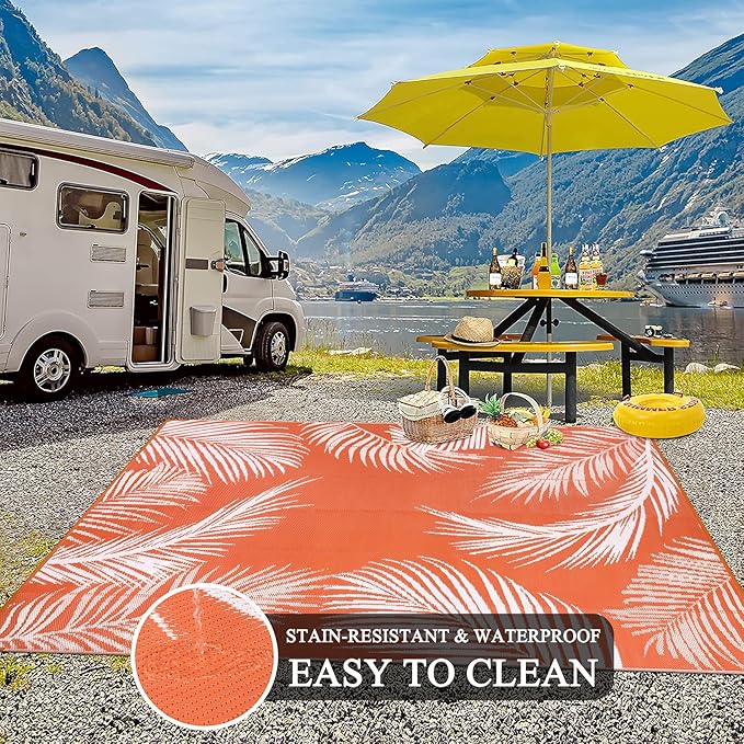 Pauwer Waterproof Outdoor Rug 8x10, Reversible Plastic Straw Patio Camping Rug, Indoor Outdoor RV Mat Carpet for Deck, Camper, Porch, Balcony, Backyard, Picnic, Leaf Orange