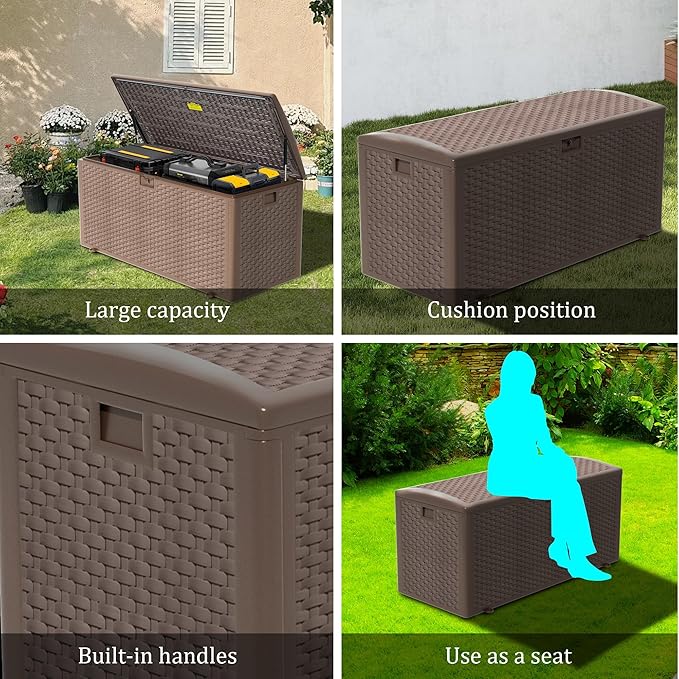 Premium Pro Edition 180 Gallon Lockable Resin Deck Box, Waterproof & UV-Resistant Outdoor Storage Box for Outdoor Cushion Storage, Garden Tools & Pool Accessories Storage, Brown
