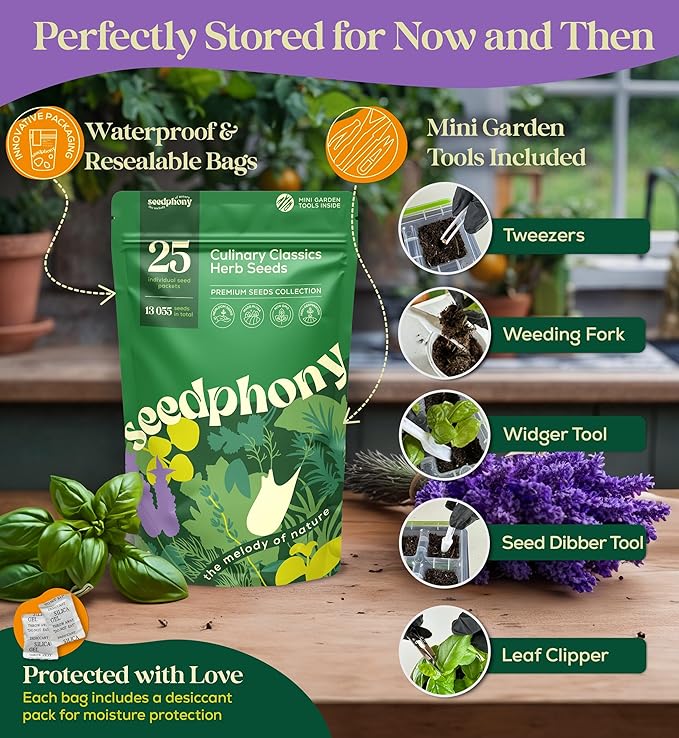 25 Culinary Classic Herb Seeds Variety Pack - 13,055+ Non-GMO Heirloom Herbs Seeds for Planting Indoor & Outdoor: Lavender, Rosemary, Dill, Mint, Catnip, Basil - Gardening Seeds Packets