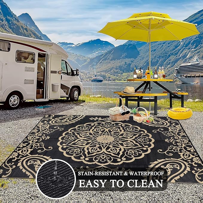 Pauwer Waterproof Outdoor Rug 8x10, Reversible Plastic Straw Patio Camping Rug, Indoor Outdoor RV Mat Carpet for Deck, Camper, Porch, Balcony, Backyard, Picnic, Boho Black Brown
