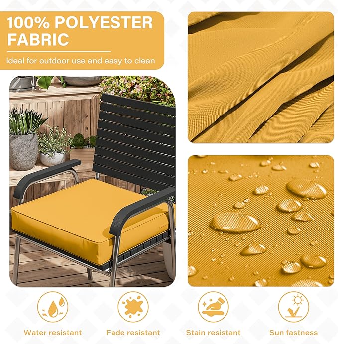 Patio Chair Cushions 19 X 19 X 4 Inch Waterproof Outdoor Seat Cushions for Patio Furniture, Outdoor Sofa Couch Pads with Ties & Handle, Set of 2, Yellow
