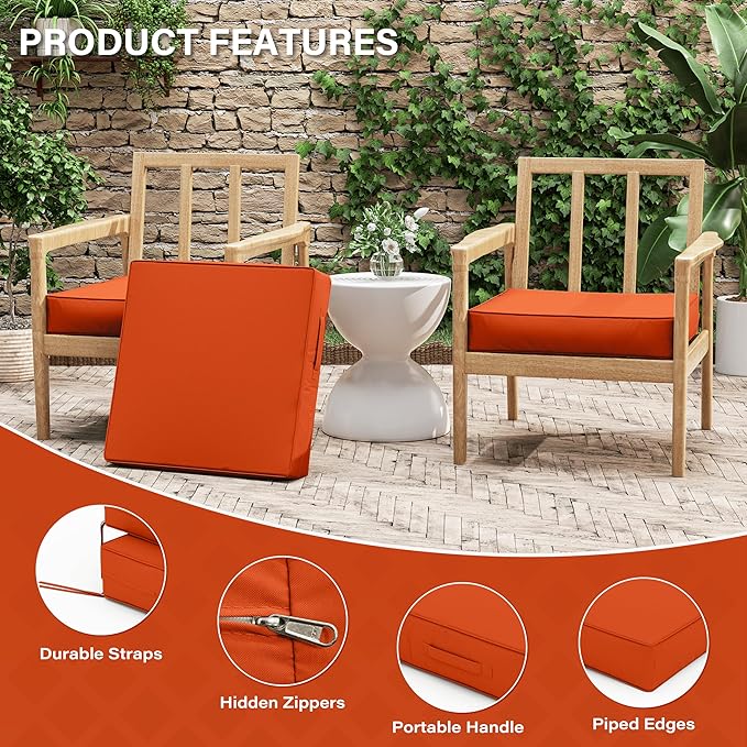 Patio Chair Cushions 22 X 22 X 4 Inch Waterproof Outdoor Seat Cushions for Patio Furniture, Outdoor Sofa Couch Pads with Ties & Handle, Set of 2, Orange