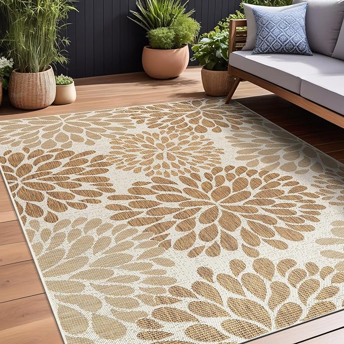 Beverly Rug Outdoor Rug 9x12 Modern Exotic Tropical Leaf Area Rugs for Indoor and Outdoor Patio Deck Porch Garden Water Resistant Washable Outside Carpet (9 x 12 Beige)