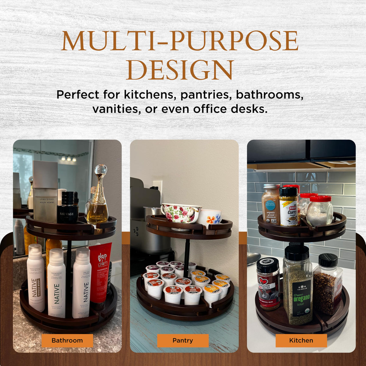 2 Tier Lazy Susan Organizer – 12" Bamboo Rotating Spice Rack Organizers with Adjustable Height Turntable for Cabinet, Pantry, Medicine Cabinet, Kitchen, Spinning Bathroom Counter Top Organizers
