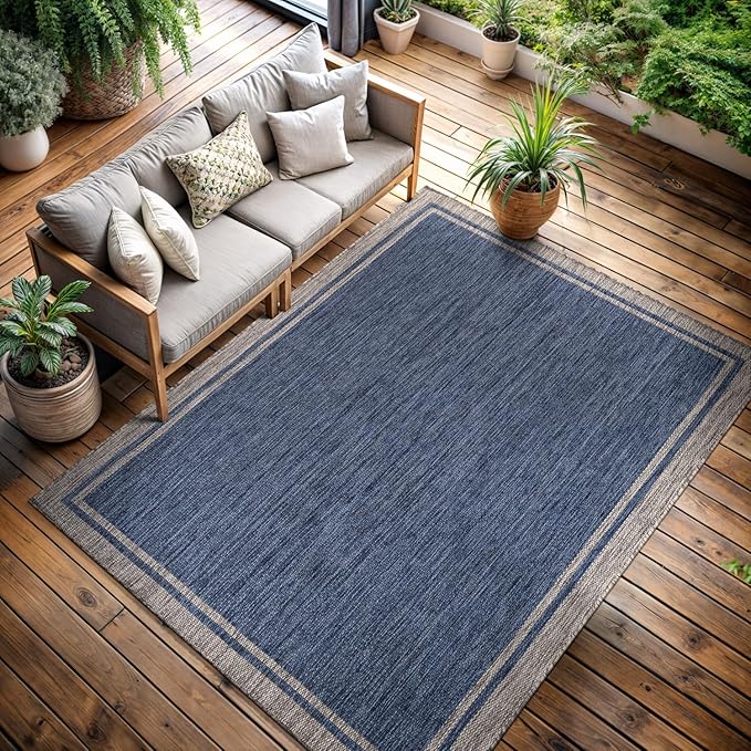 CAMILSON Outdoor Rug, 6x9 Bordered Navy Blue Gray Modern Area Rugs for Indoor and Outdoor Patios, Porches Waterproof Washable Porch Deck Outside Carpet (Bordered Navy, 6 x 9)