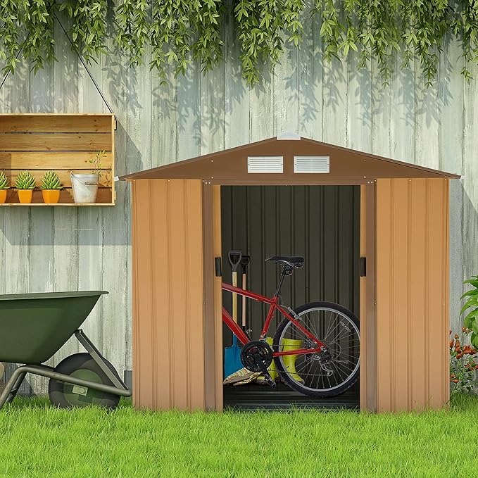 Outsunny 7' x 4' Outdoor Storage Shed, Garden Tool Metal Shed with Foundation Kit, Double Lockable Door, Air Vents and Sloping Roof, for Backyard, Patio, Lawn, Yellow