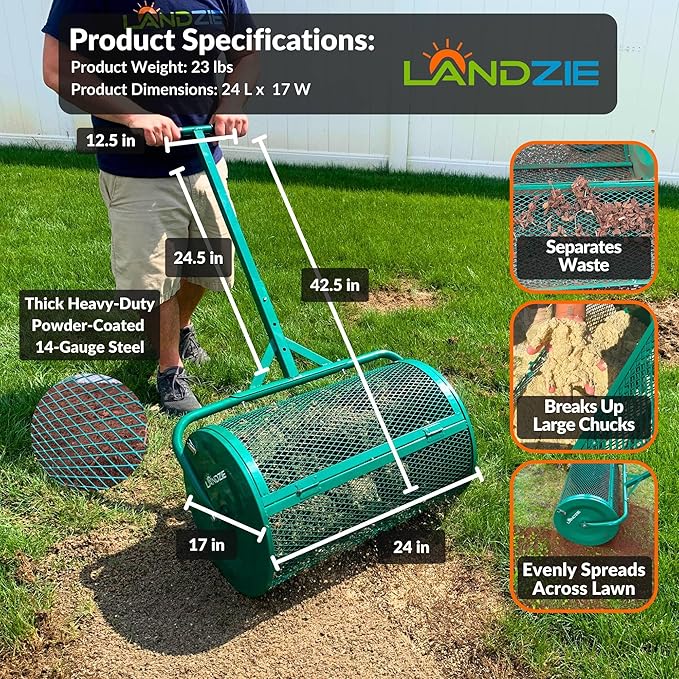 LANDZIE - The Original 24 Inch Compost and Peat Moss Spreader Roller - Top Soil, Sand, Manure, Mulch, Top Dressing Lawn and Garden Spreader