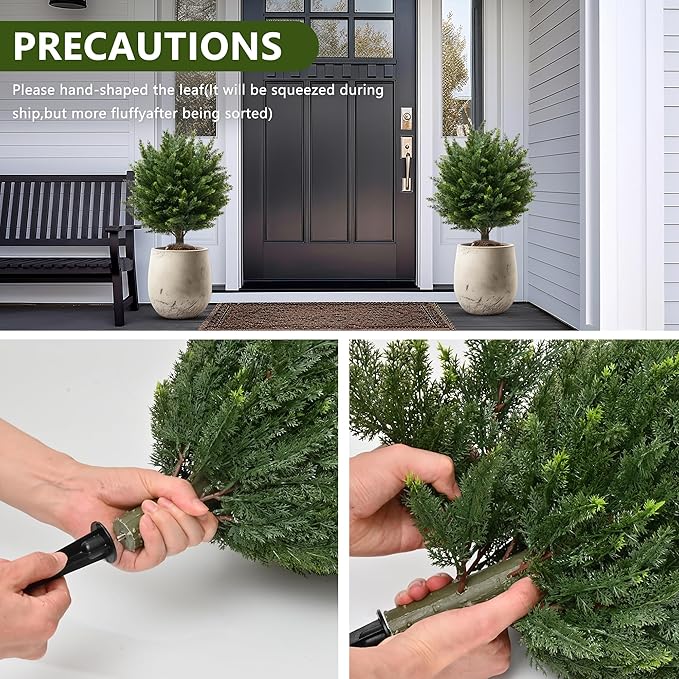 28" UV Resistant Artificial Shrubs for Outdoors - Real Looking Faux Bushes, Fake Cedar Trees, Outdoor Faux Ball Plants & Topiaries - Set of 2 Artificial Shrubs, Artificial Bushes for Garden Decor