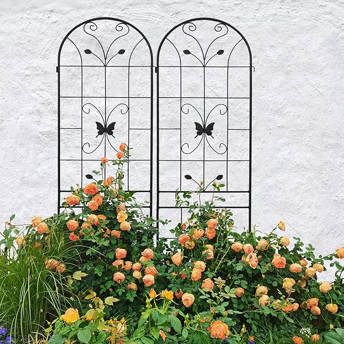 4 Pack Metal Garden Trellis 86.7" Black Fence Rustproof Garden Trellis for Climbing Plants Support Roses Flower Outdoor Lawn, Black
