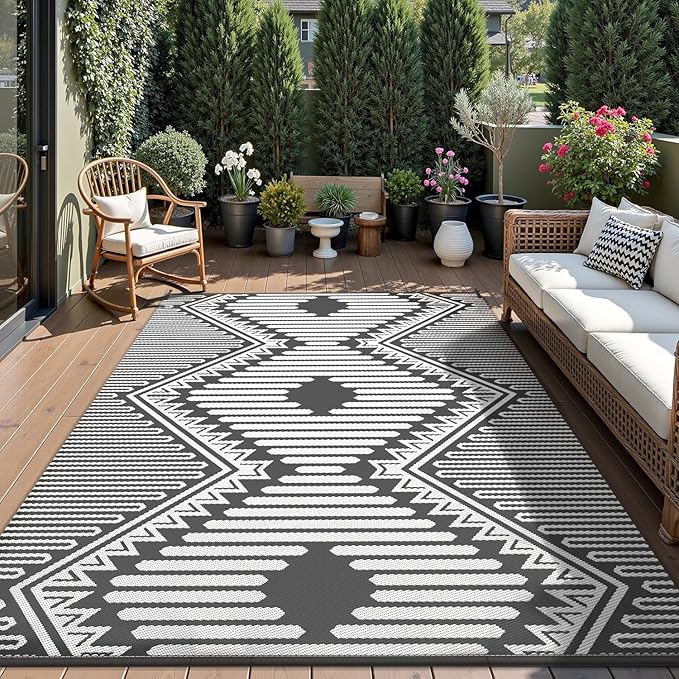 MontVoo Outdoor Rug-Waterproof Patio Rug Mat 5x8 Outdoor Carpet Mat Reversible Plastic Straw Outside Outdoor Rug for RV Camping Picnic Beach Balcony Backyard Pool Deck Porch Modern Boho Grey